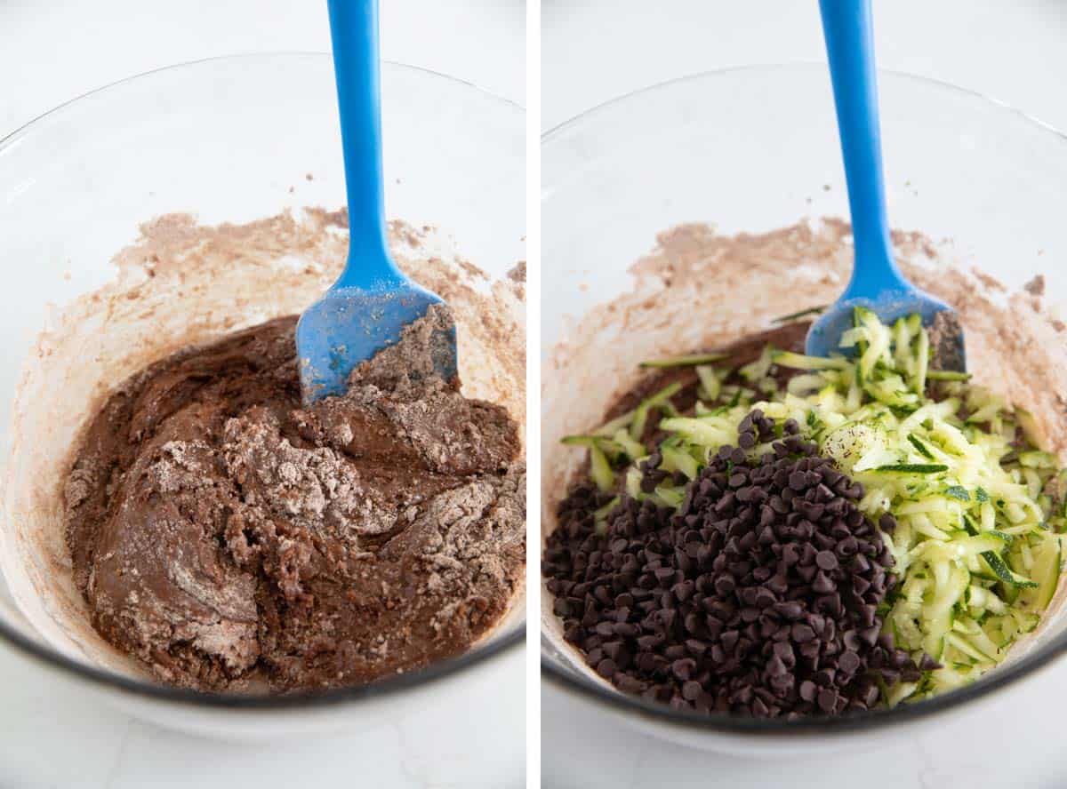 Mixing wet and dry ingredients, then adding zucchini and chocolate chips to muffin batter.