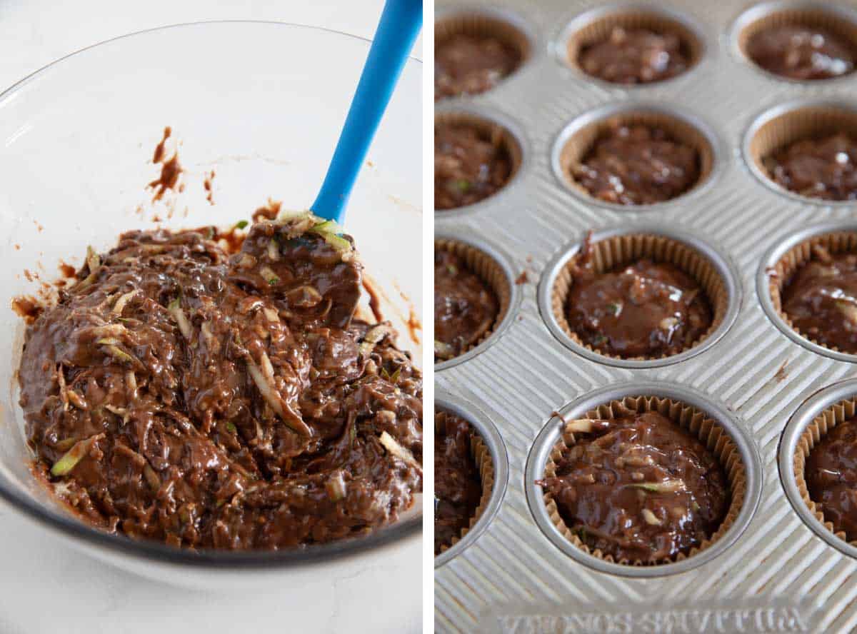 Finishing chocolate zucchini muffin batter and adding to muffin tin.