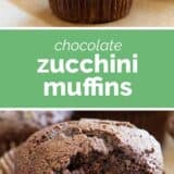 Chocolate Zucchini Muffins collage with text bar in the middle.