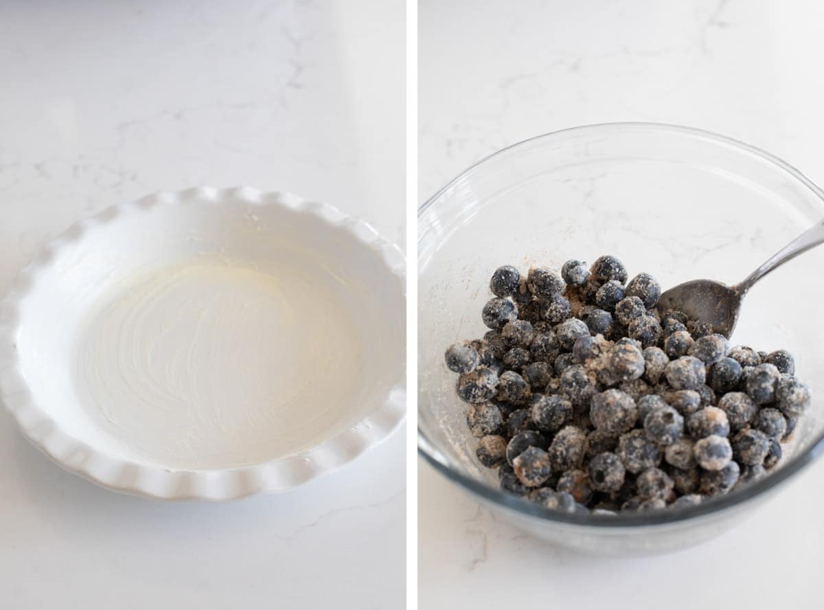 Prepping a dish and mixing blueberries for fresh blueberry crisp.