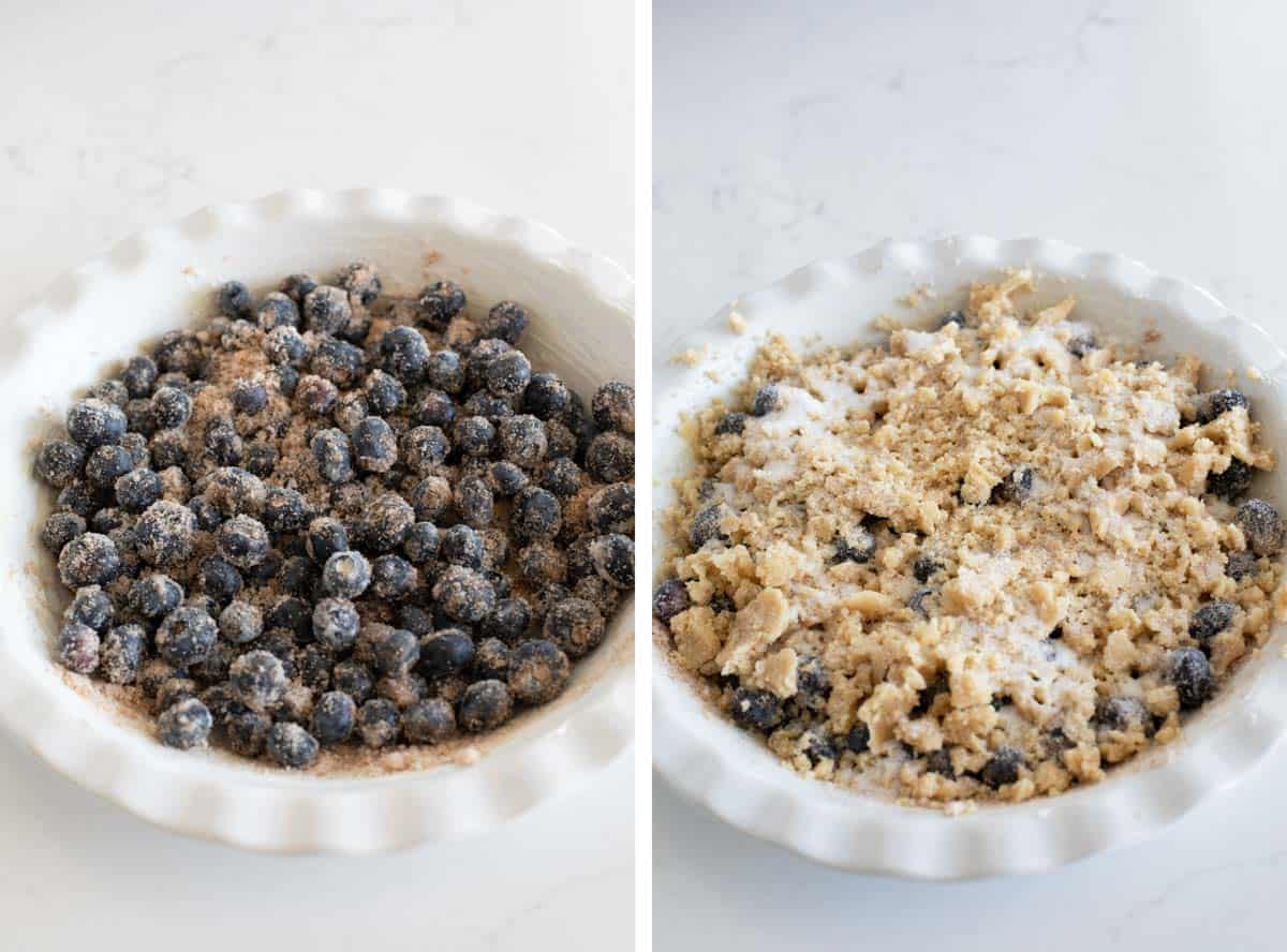 Assembling a fresh blueberry crisp in a pie plate.