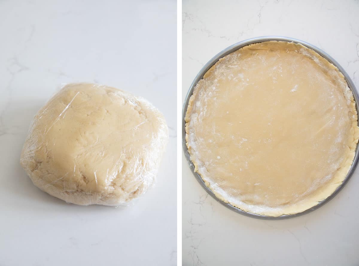 Spreading cookie dough in a pizza pan for fruit pizza.