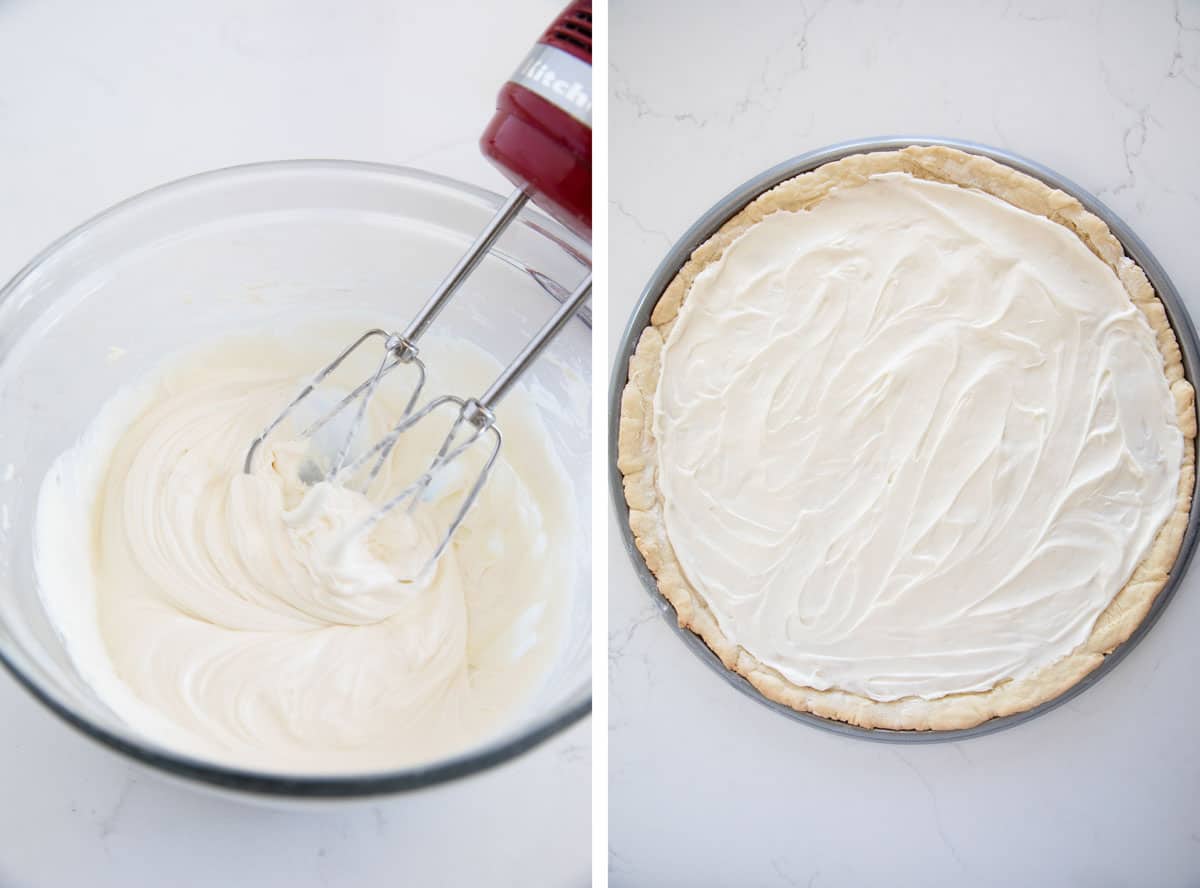 Adding frosting to a fruit pizza.