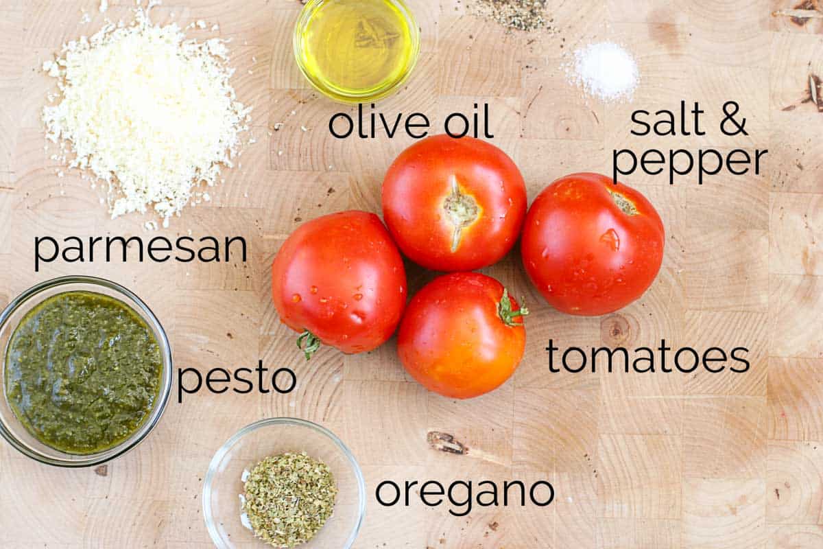 Ingredients for roasted tomatoes with pesto.