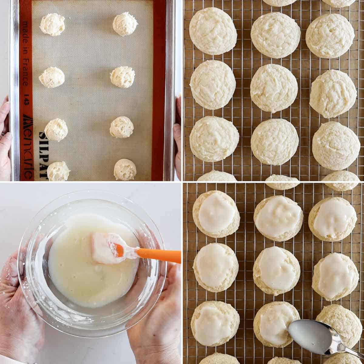 Baking sour cream cookie dough and topping with sour cream glaze.