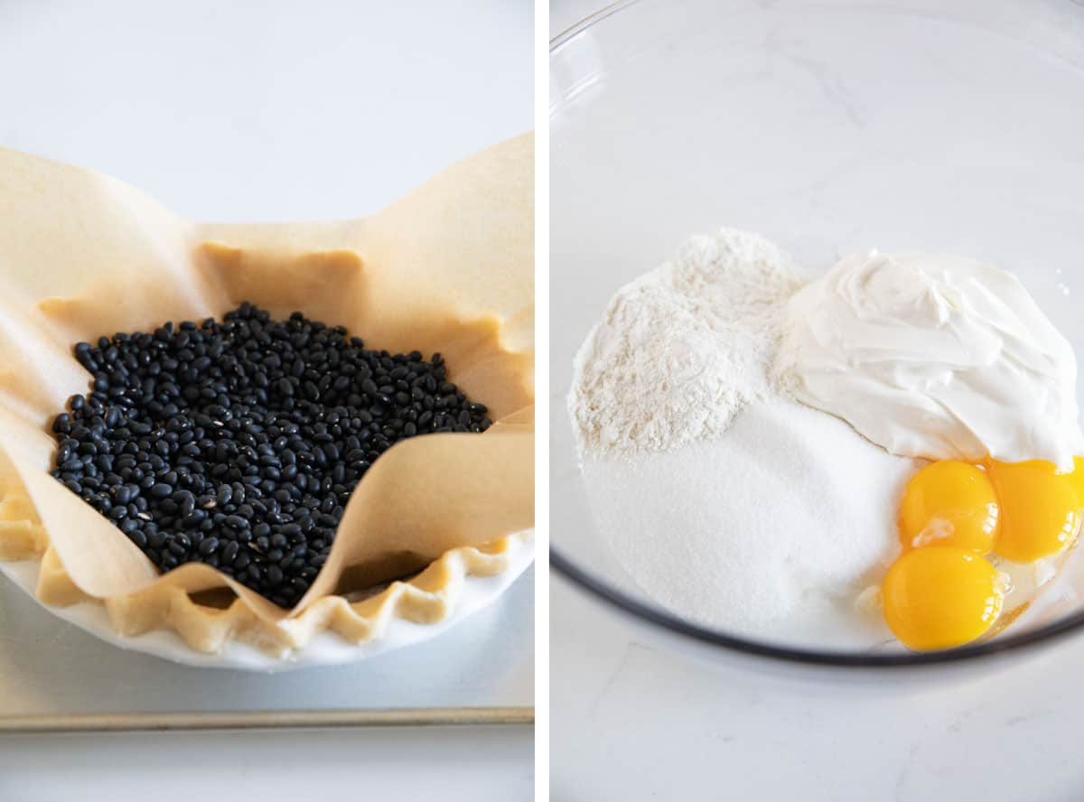 Blind baking a pie crust and prepping filling for sour cream peach pie.