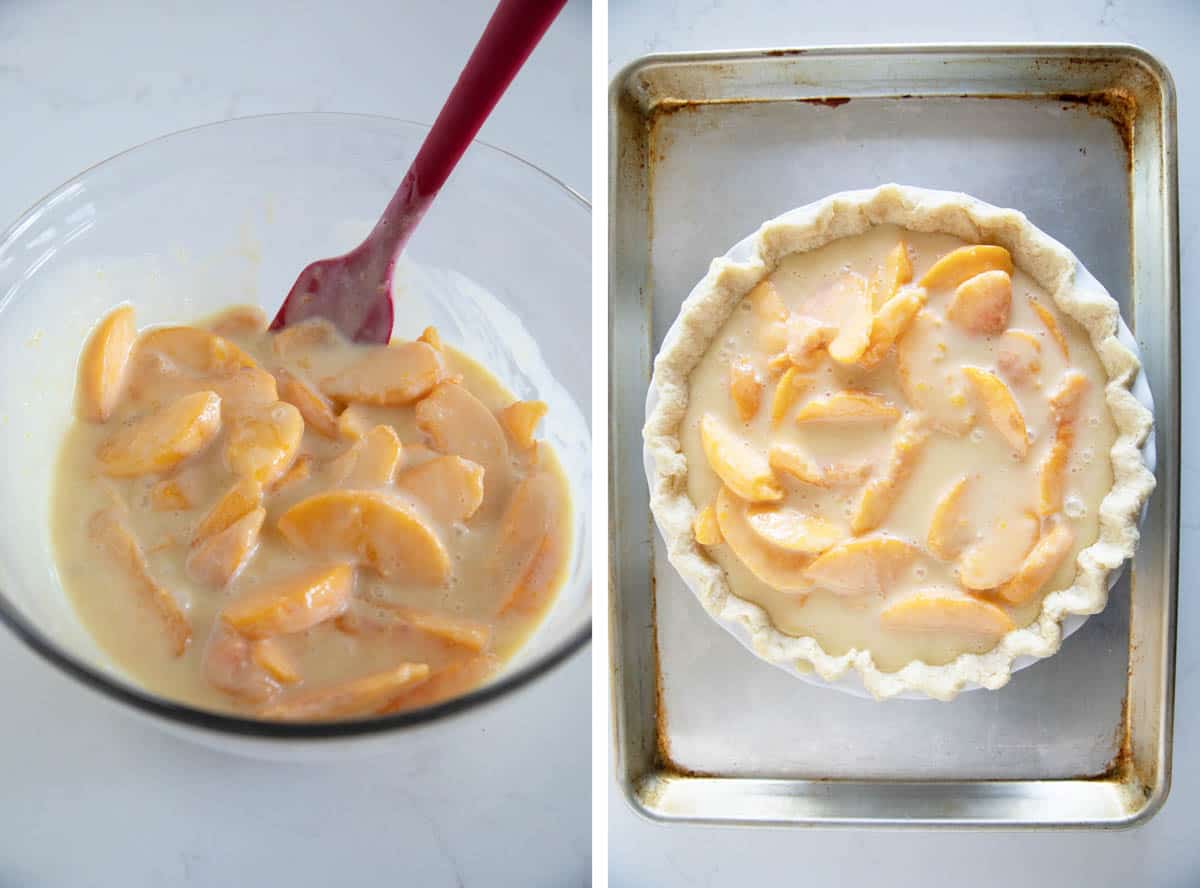 Making the filling for sour cream peach pie and putting it into a pie crust.