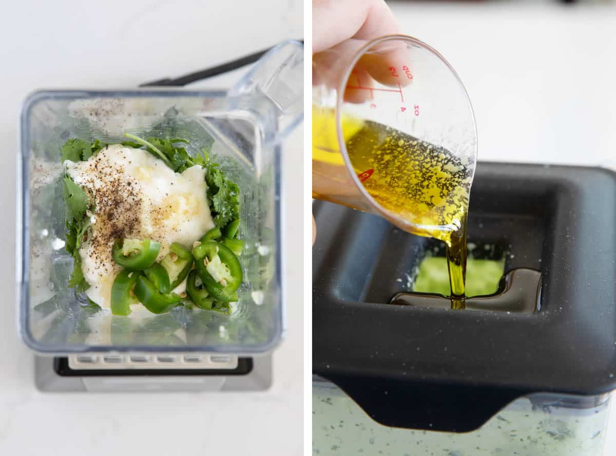 Making spicy cilantro salad dressing.