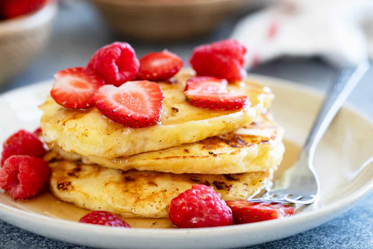 Cottage Cheese Pancakes with strawberries and raspberries.