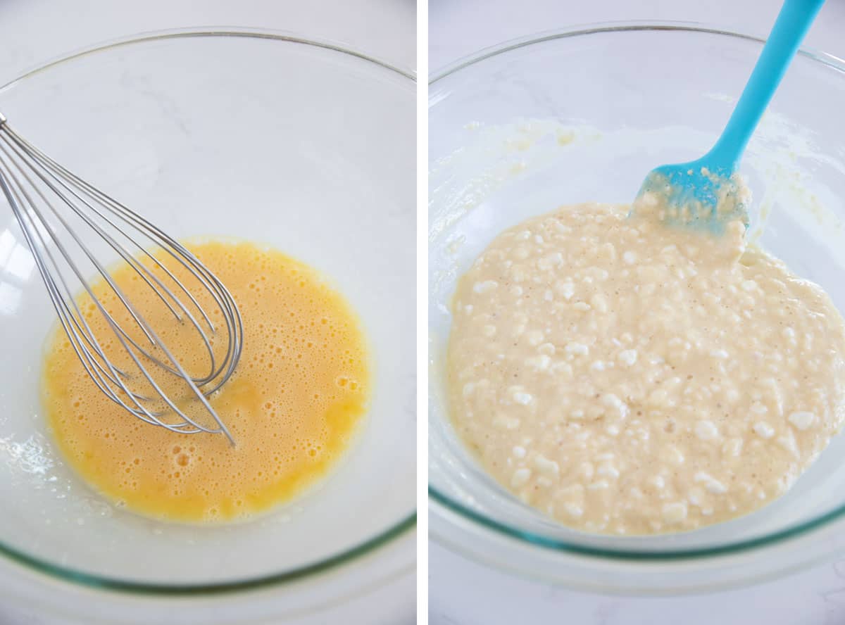 Making batter for cottage cheese pancakes.