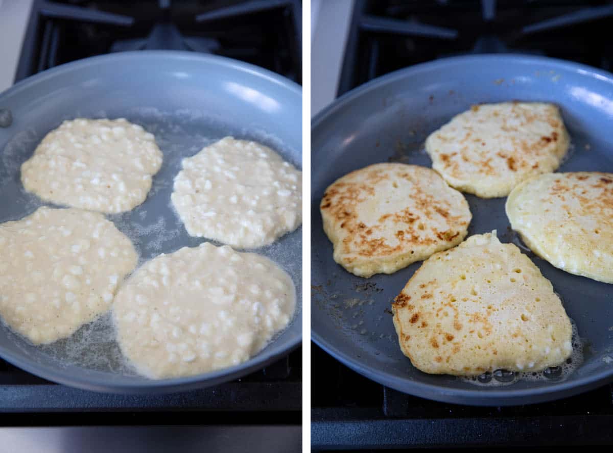 Cooking cottage cheese pancakes in a nonstick skillet.