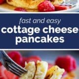 Cottage cheese pancakes collage with text bar in the middle.