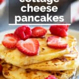 Cottage cheese pancakes with text overlay.