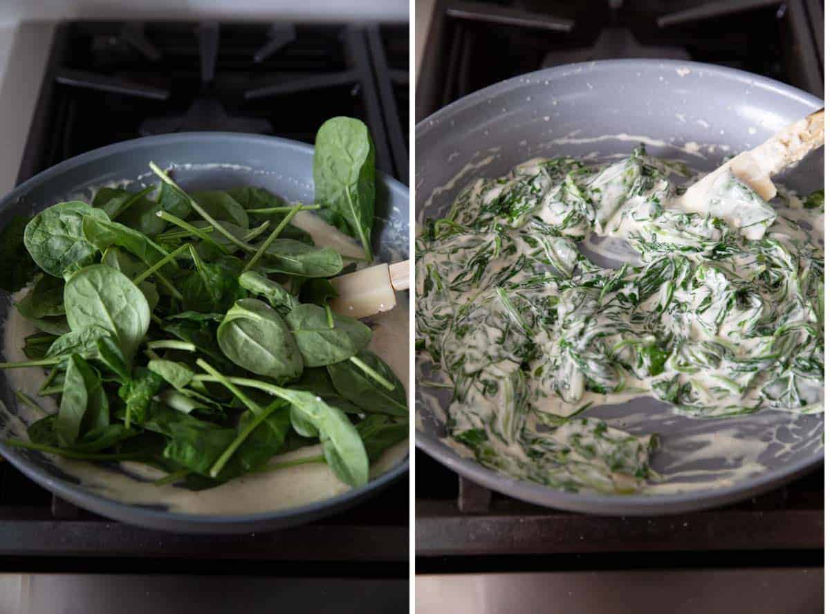 Adding spinach to a cream mixture to make creamed spinach.