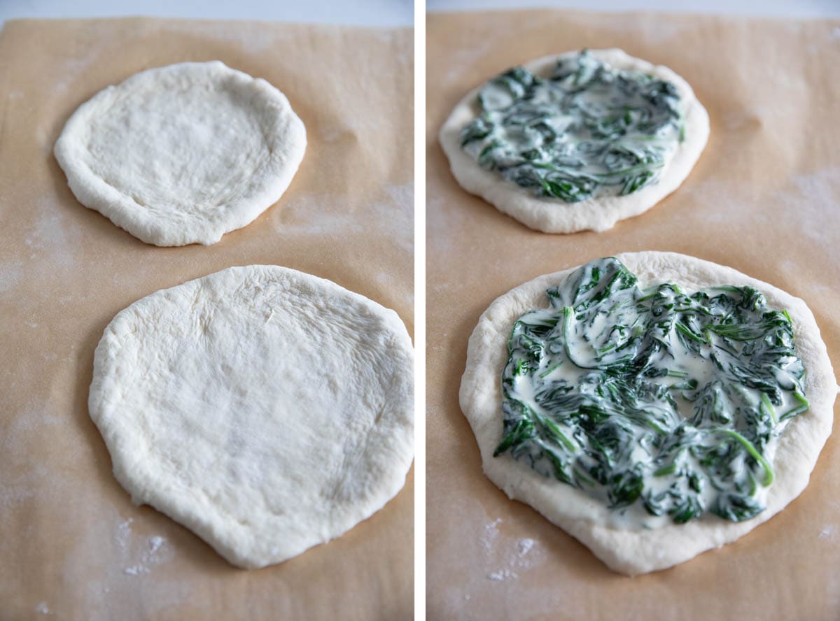 Shaping dough for individual pizzas, then topping with creamed spinach.