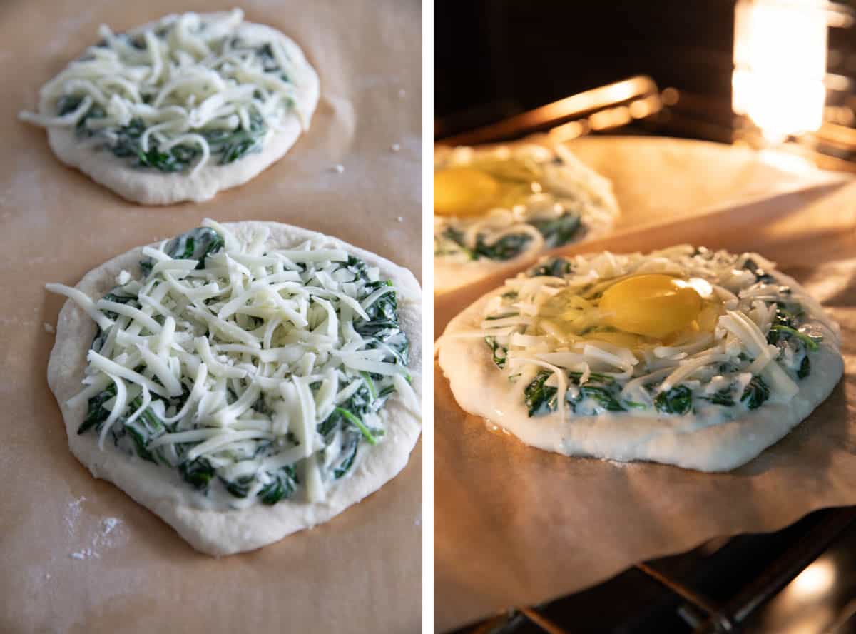 Topping pizza with cheese, then with an egg in the oven.