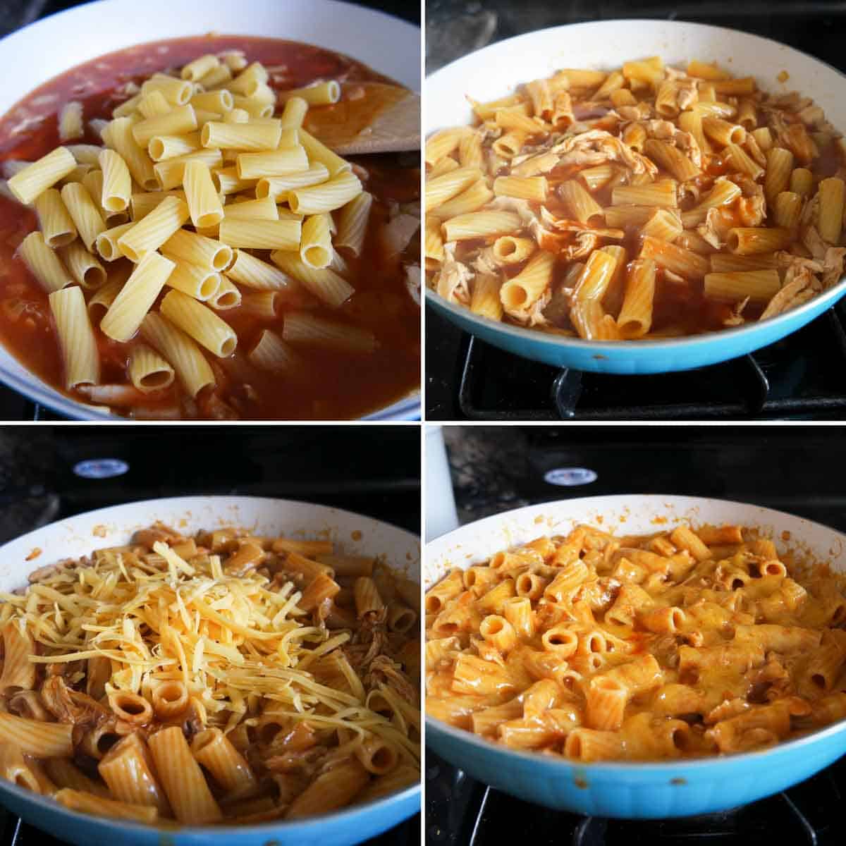 Combining ingredients for enchilada pasta.