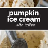 Pumpkin ice cream with toffee collage with text bar in the middle.