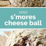 S'mores cheese ball collage with text bar in the middle.