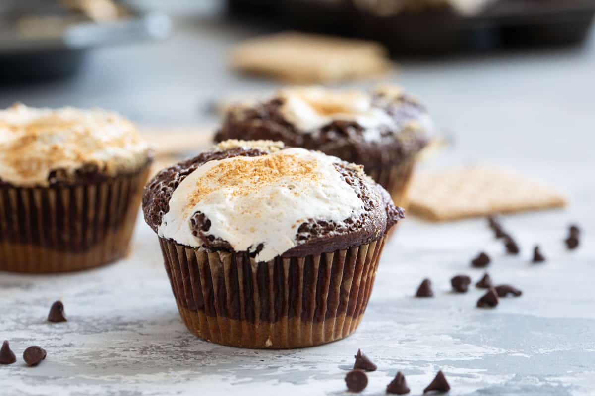 S'mores muffins topped with marshmallow creme and surrounded by mini chocolate chips.
