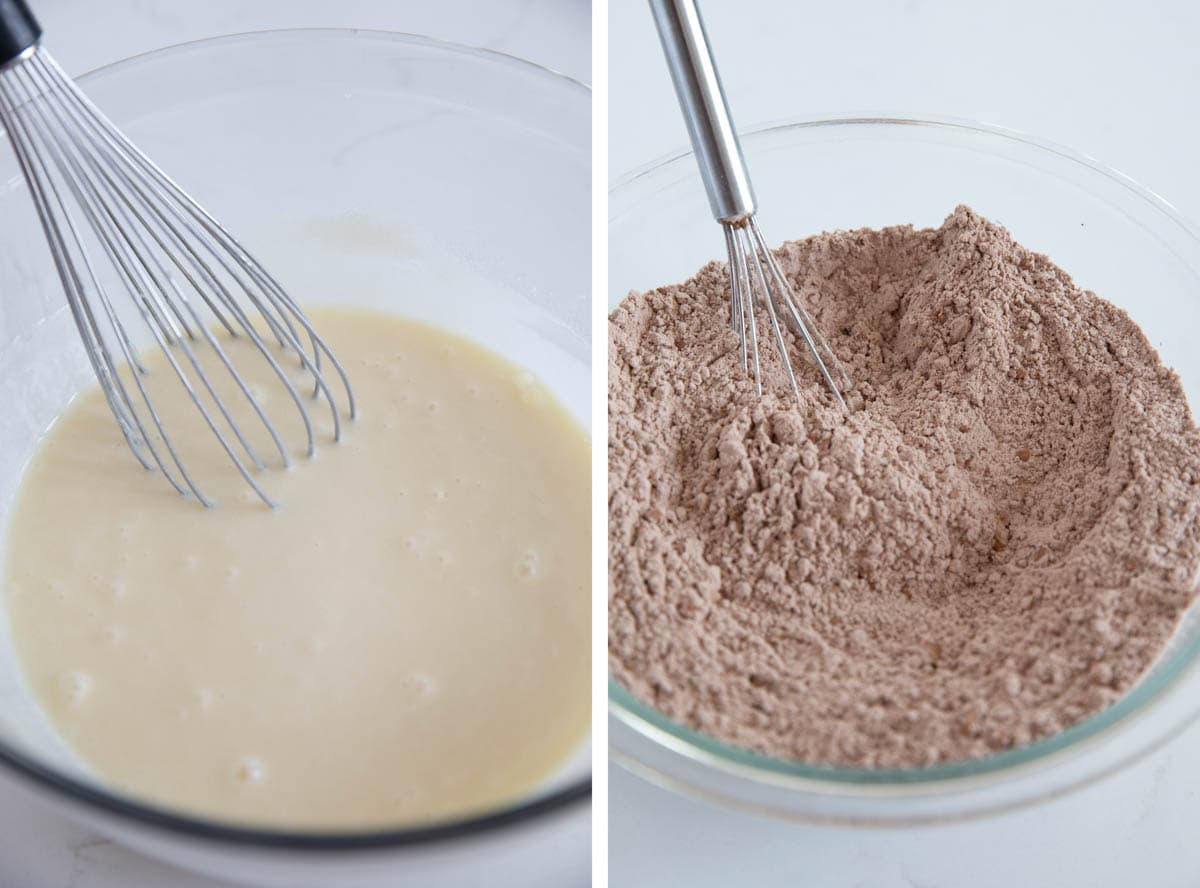 Making the batter for s'mores muffins by whisking the wet ingredients and the dry ingredients.