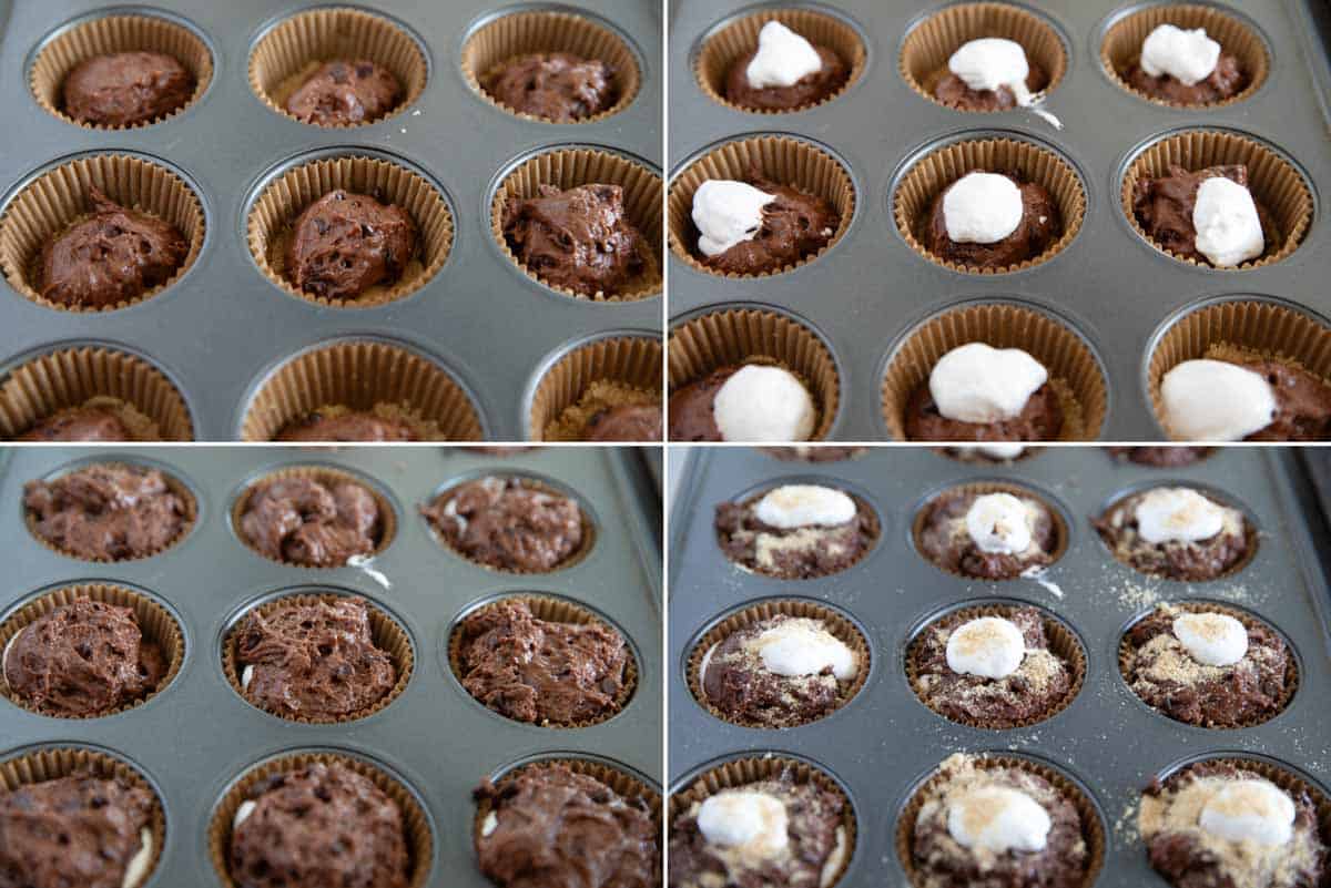 Steps to layer and assemble s'mores muffins in a muffin tin.
