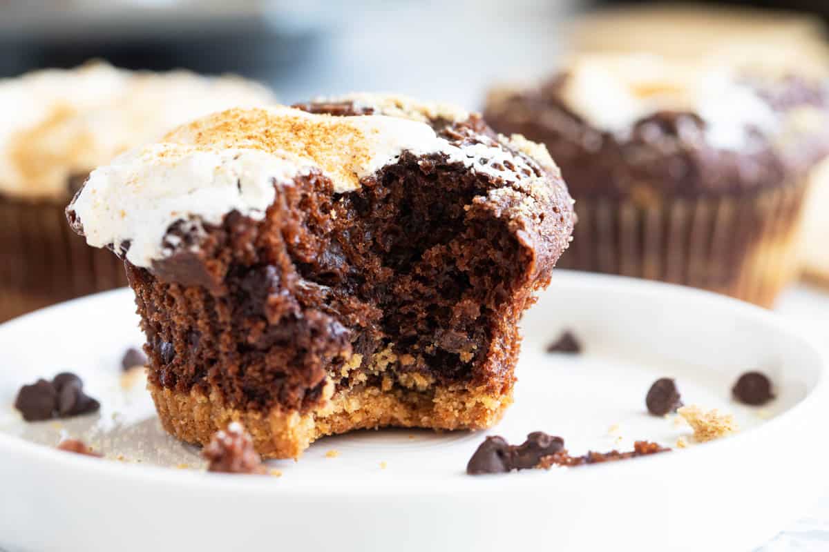 S'mores muffin with a bite taken from it.