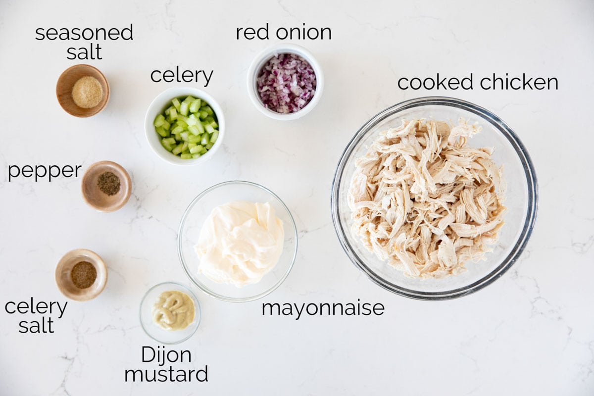 Ingredients needed to make chicken salad.