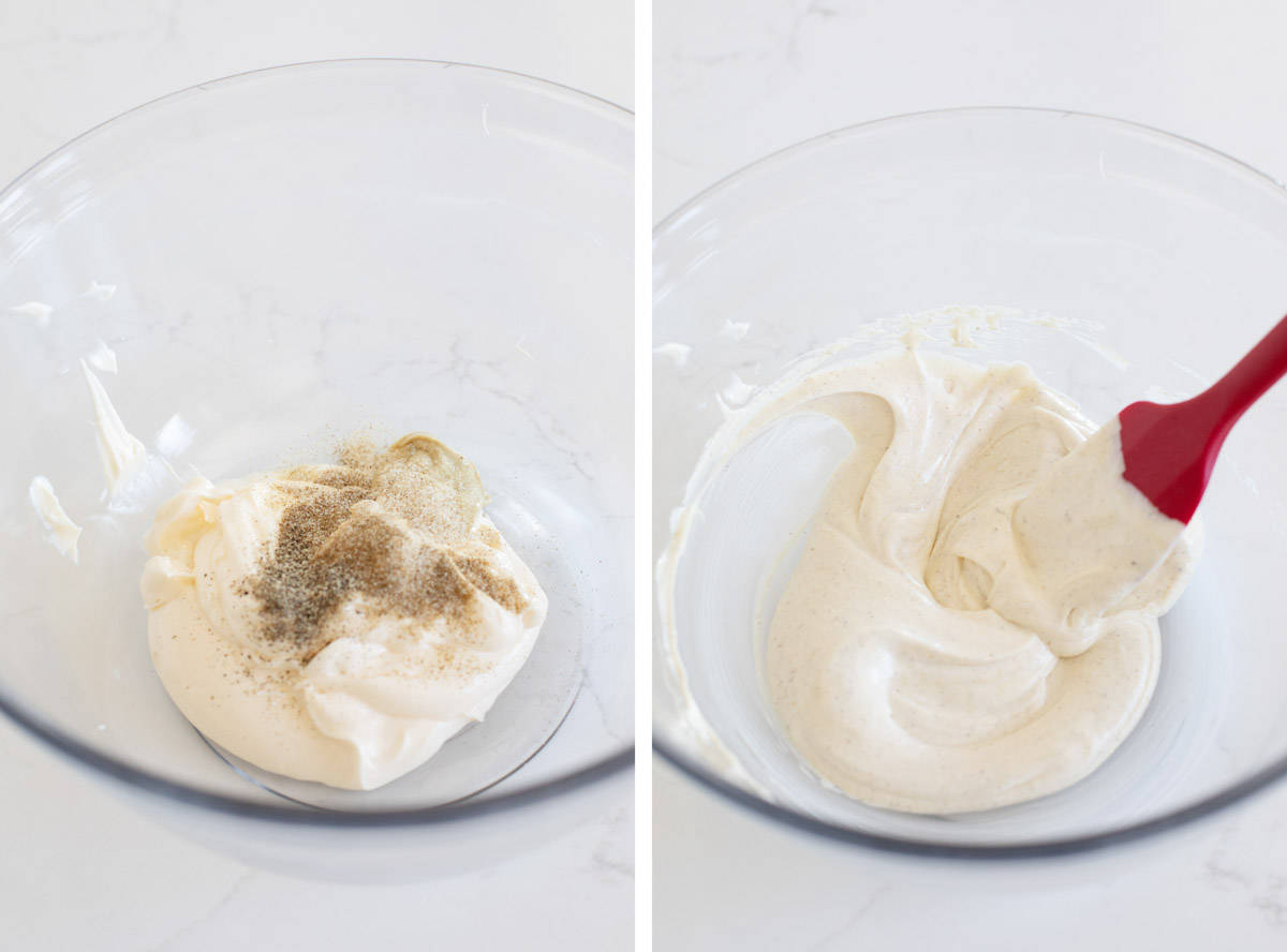 Mixing together ingredients to make the dressing for chicken salad.