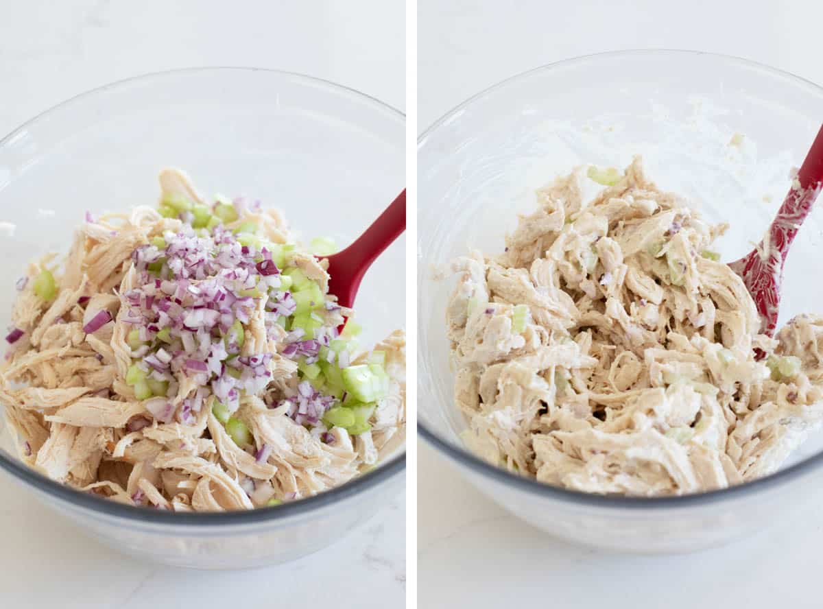 Mixing chicken, celery, and red onions to make chicken salad.