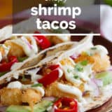 Crispy shrimp tacos with text overlay.