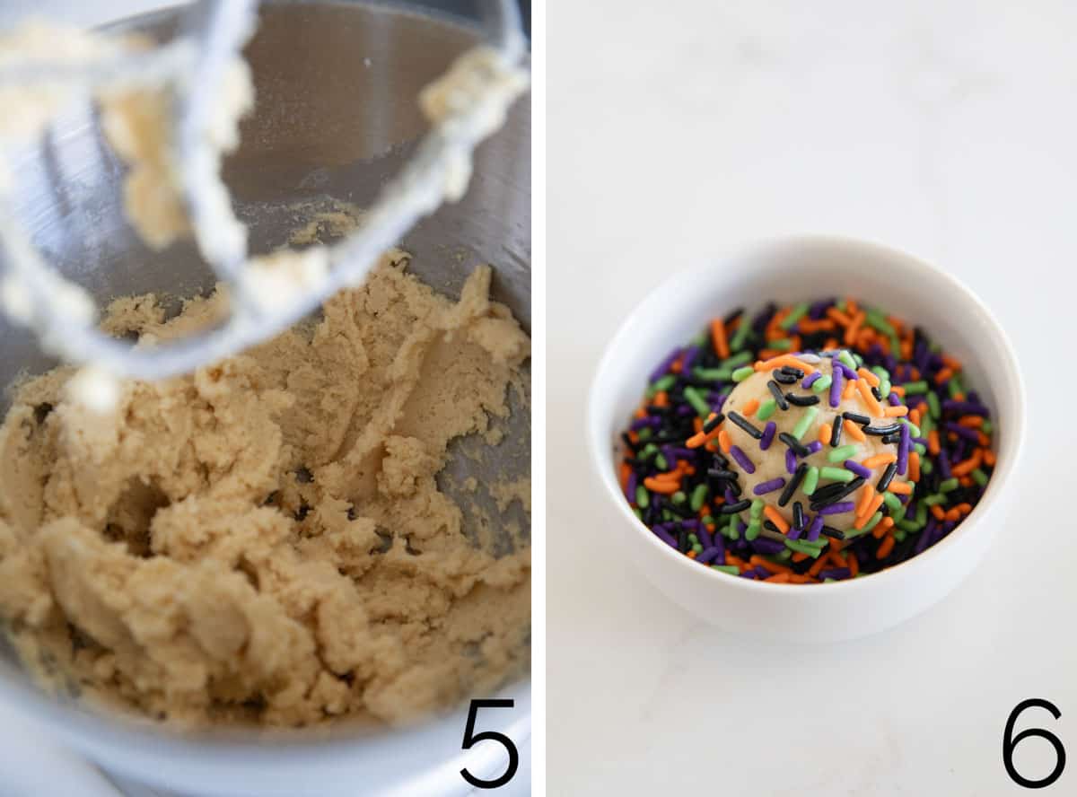 Cookie dough batter and rolling cookie dough in Halloween sprinkles.