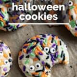 Halloween cookies with text overlay.