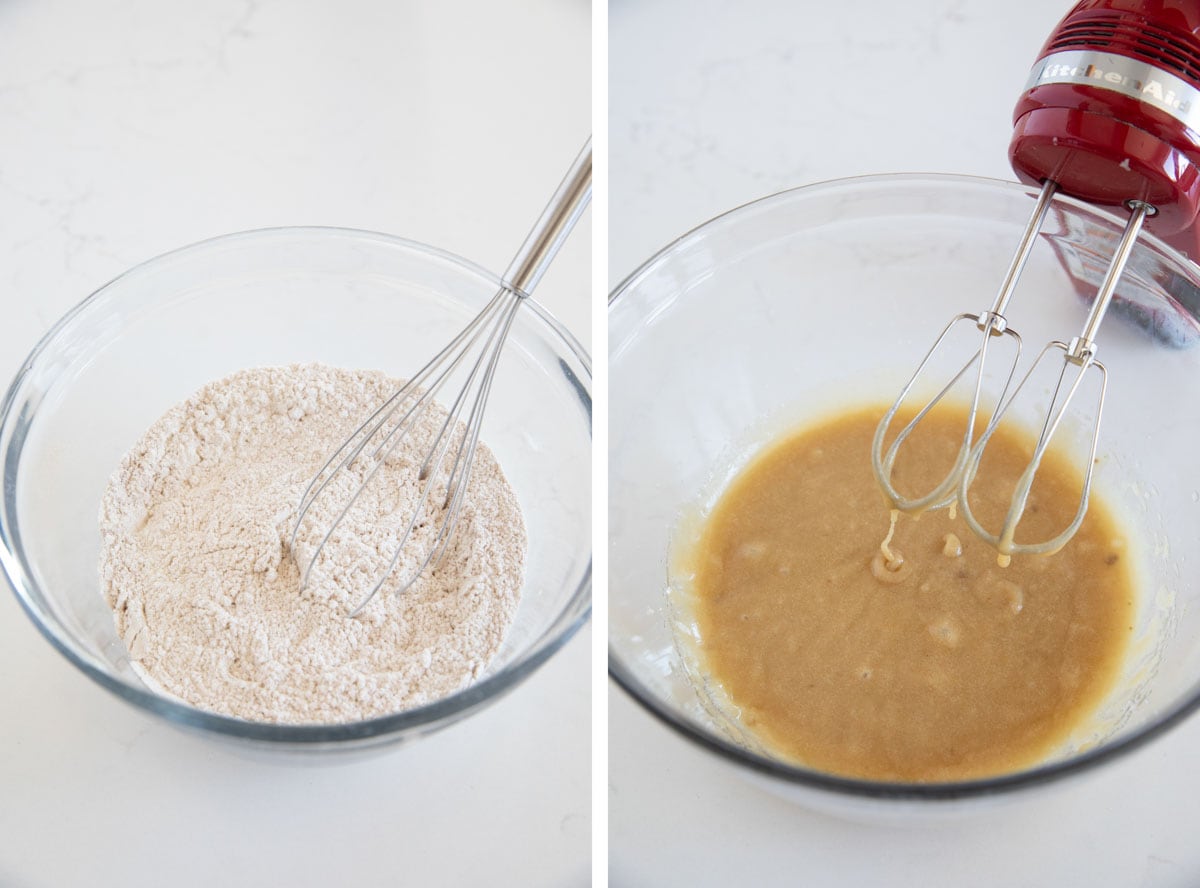 Mixing dry ingredients and mixing wet ingredients for pumpkin chocolate chip cookies.