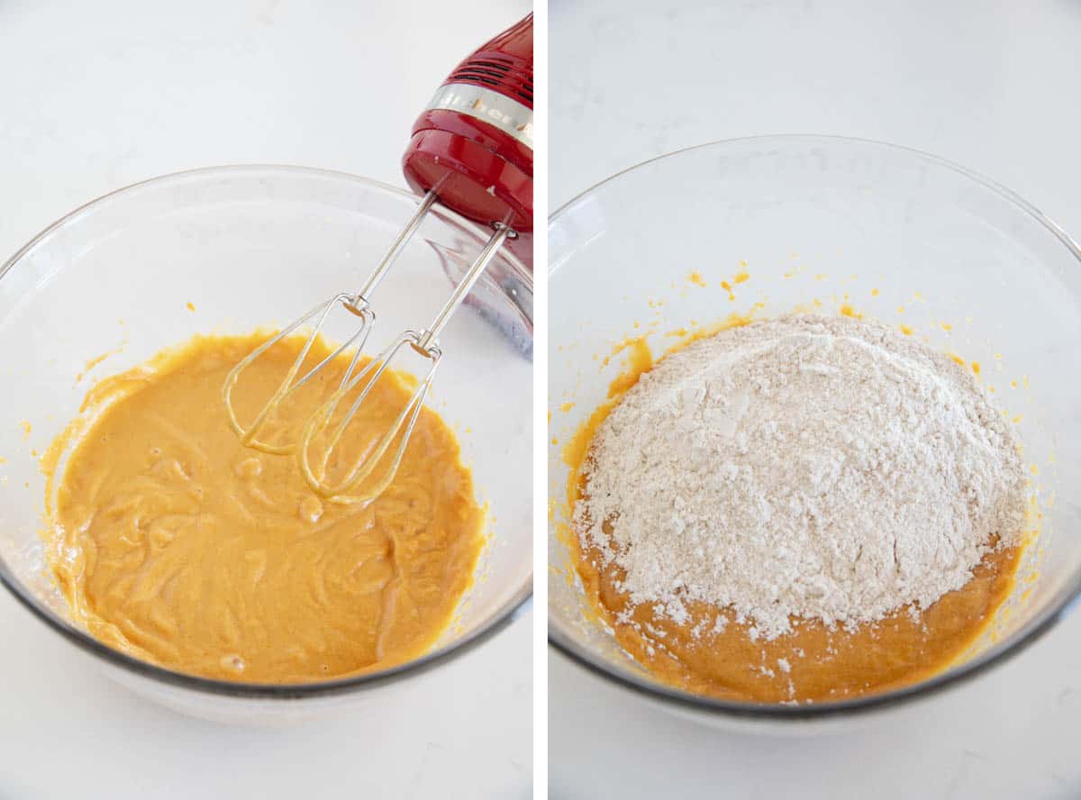 Mixing ingredients together and adding dry ingredients for pumpkin chocolate chip cookies.