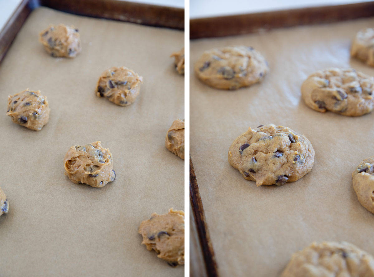 Pumpkin Chocolate Chip cookie dough on a baking tray and baked cookies on the baking tray.