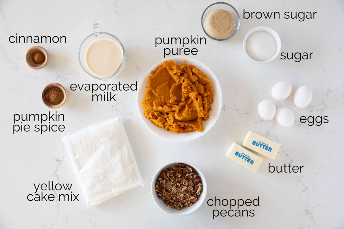 Ingredients needed for a pumpkin dump cake.