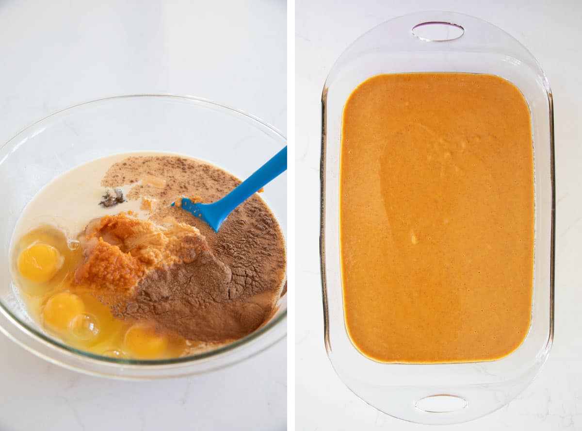 Mixing ingredients together and pouring into a baking dish.