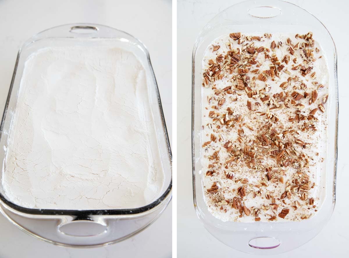 Adding cake mix and pecans onto a pumpkin dump cake.