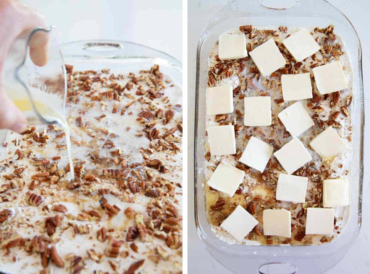 Pouring melted butter and adding pieces of butter to the top of a pumpkin dump cake.