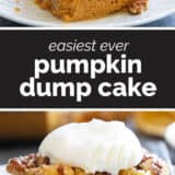 Pumpkin dump cake collage with text bar in the middle.