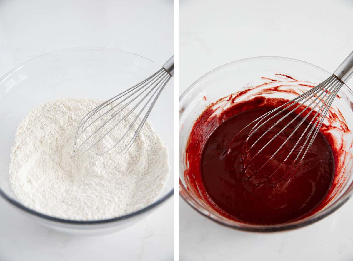 Mixing dry ingredients and wet ingredients for red velvet muffins.