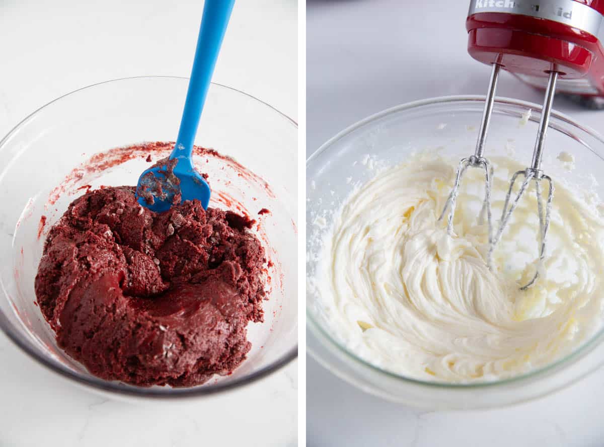 Red Velvet Muffin batter and cream cheese mixture for muffins.
