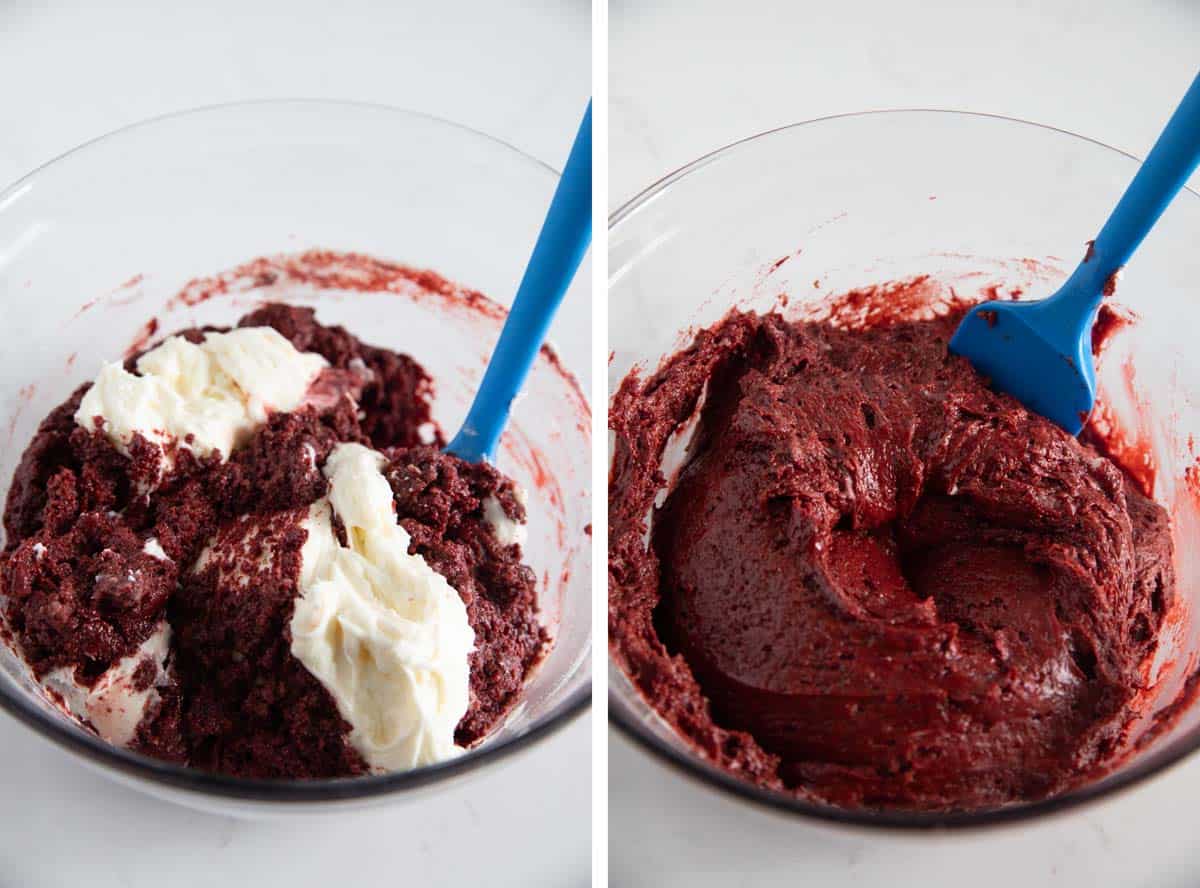 Folding a cream cheese mixture into red velvet muffin batter.