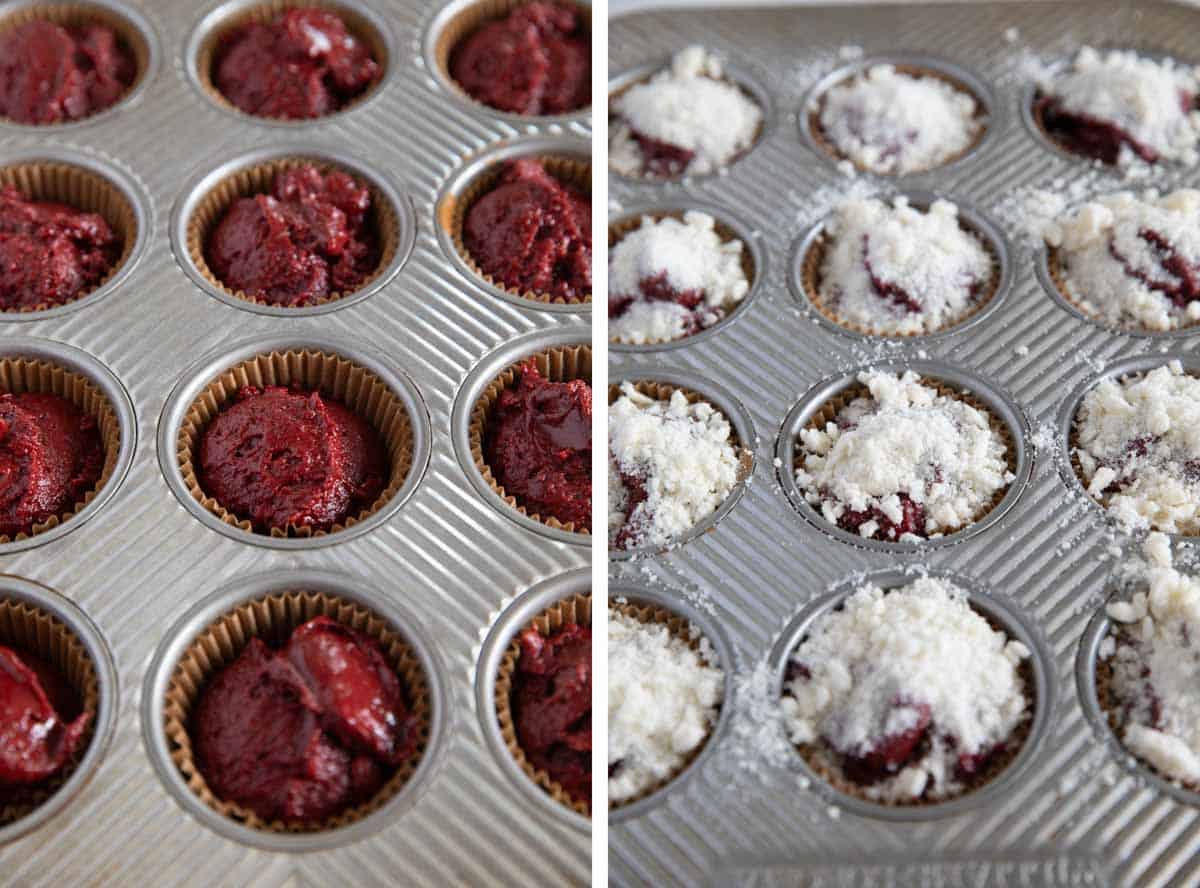 Red velvet muffin batter in a muffin tin, and muffins topped with streusel before baking.