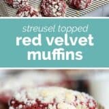 Red Velvet Muffins collage with text bar in the middle.