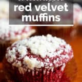 Red velvet muffin with text overlay.