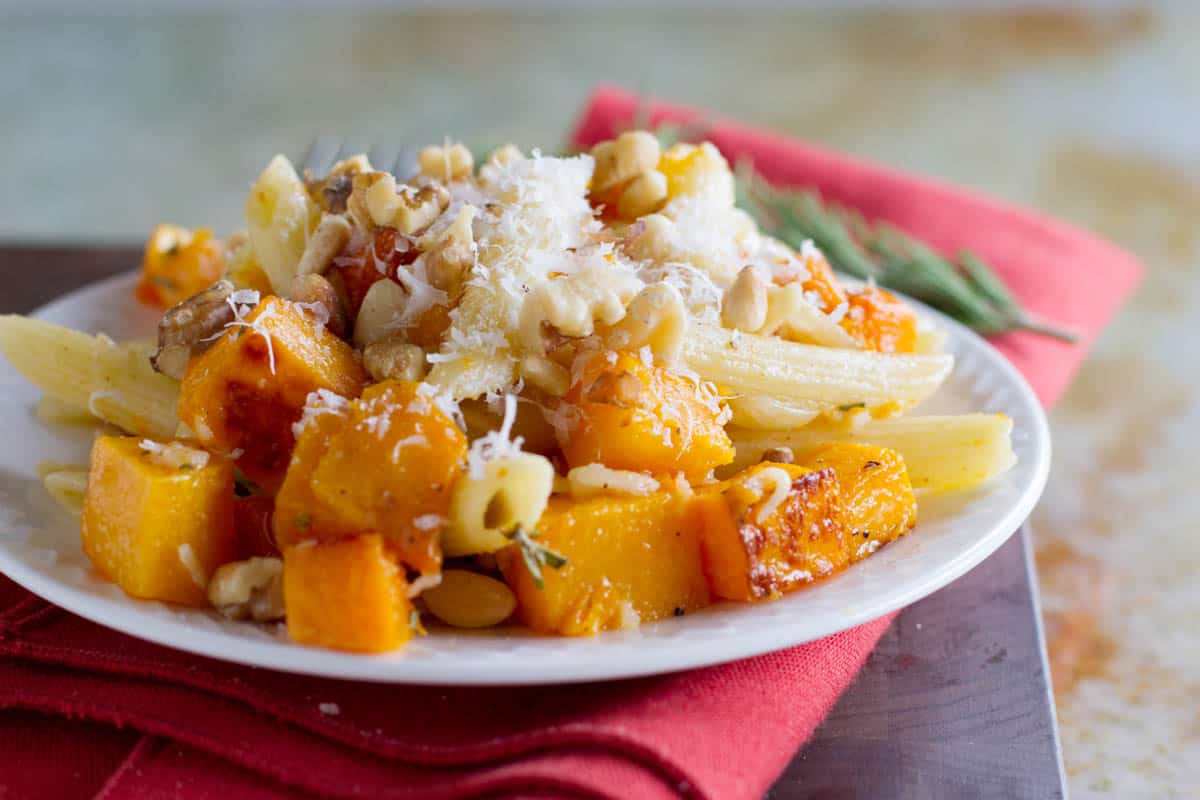 Roasted butternut squash with penne pasta, walnuts, and brown butter.