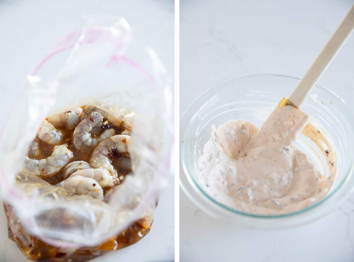 Marinating shrimp in a large bag, and making chipotle lime crema.