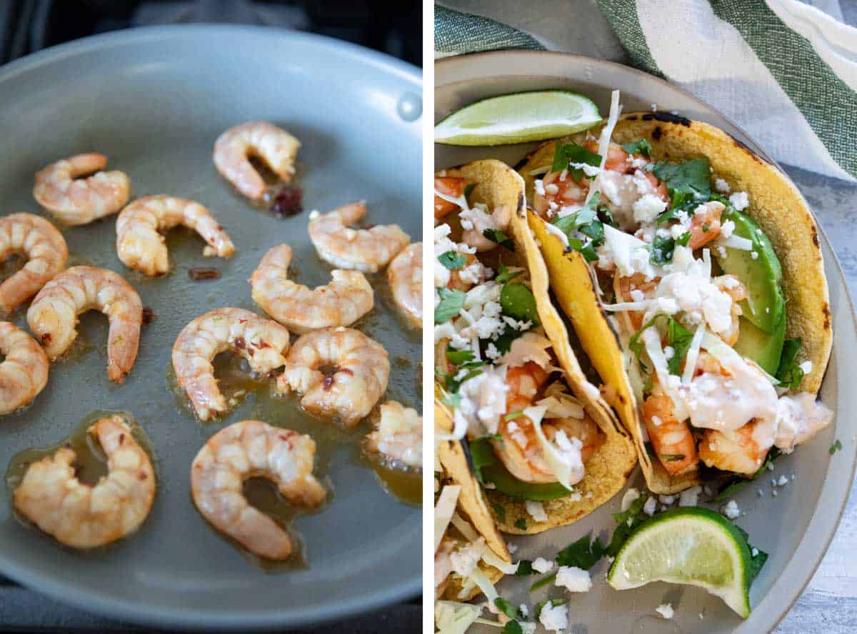 Cooking shrimp in a skillet and assembled shrimp tacos.